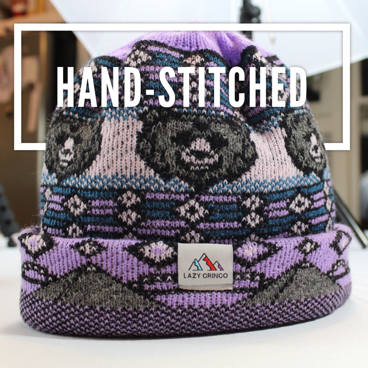 Reversible Alpaca Beanie. Tiger & Grizzly Bear (Purple) – Lazy Gringo