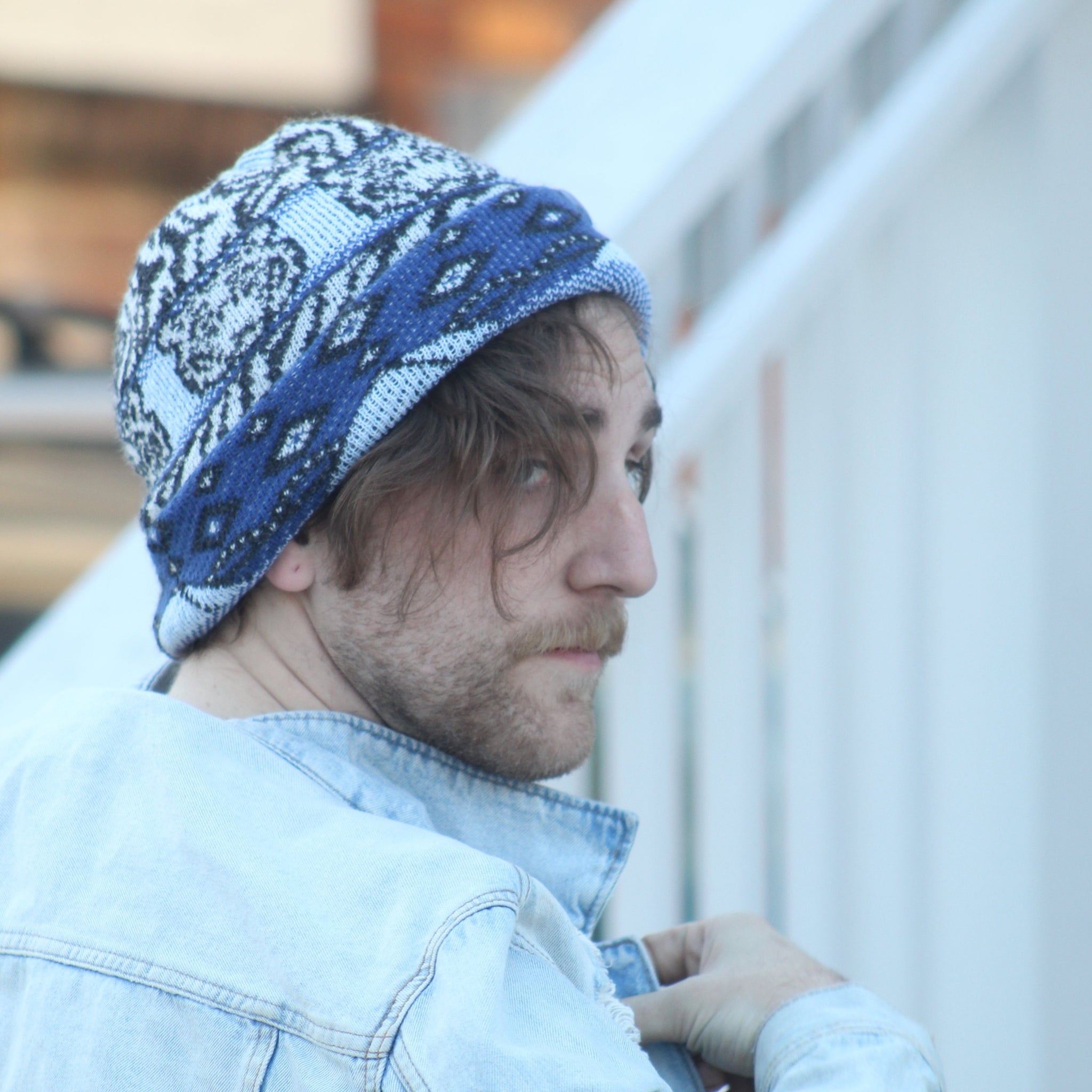 Reversible Alpaca Beanie. Tiger & Grizzly Bear (Blue)