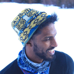Reversible Alpaca Beanie. Tiger & Grizzly Bear (Yellow)