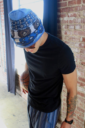 Reversible Alpaca Beanie. Tiger & Grizzly Bear (Blue)