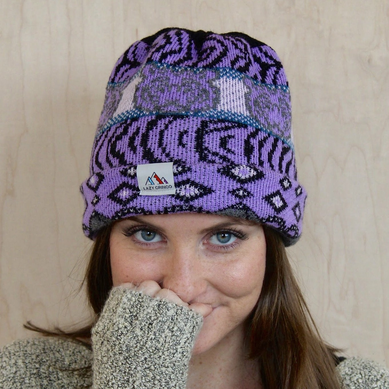 Reversible Alpaca Beanie. Tiger & Grizzly Bear (Purple)