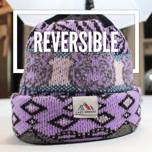 Reversible Alpaca Beanie. Tiger & Grizzly Bear (Purple)