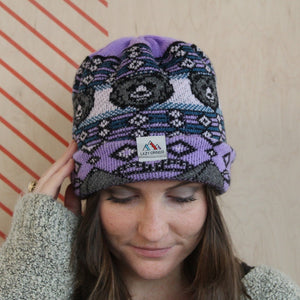 Reversible Alpaca Beanie. Tiger & Grizzly Bear (Purple)