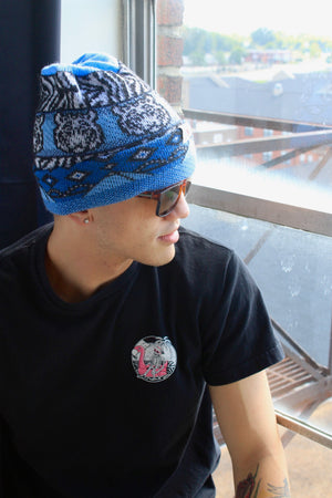 Reversible Alpaca Beanie. Tiger & Grizzly Bear (Blue)