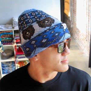 Reversible Alpaca Beanie. Tiger & Grizzly Bear (Blue)