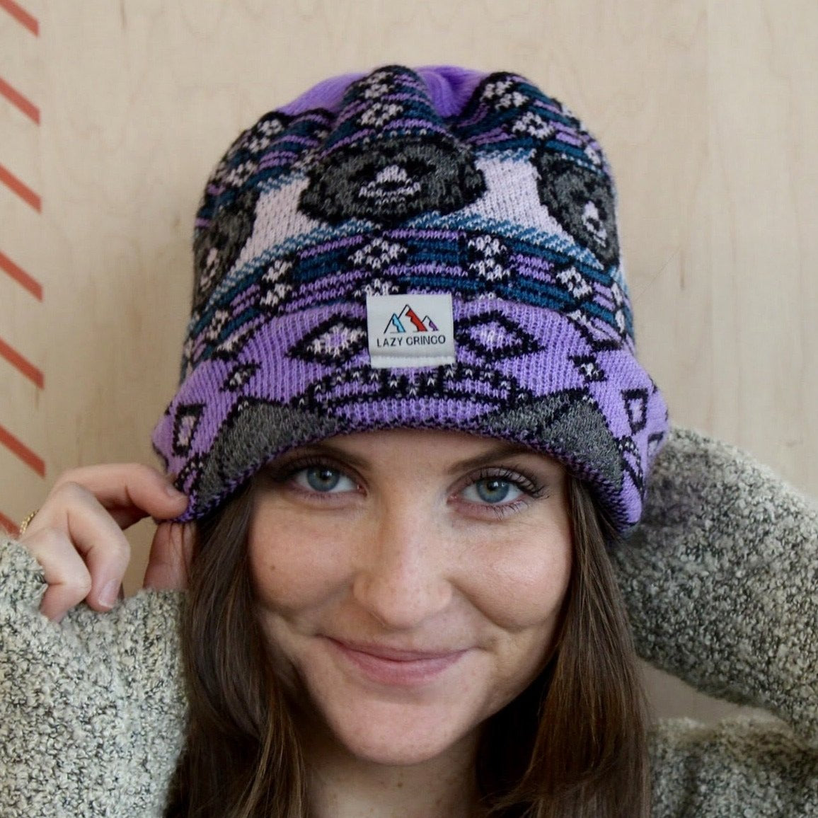 Reversible Alpaca Beanie. Tiger & Grizzly Bear (Purple)